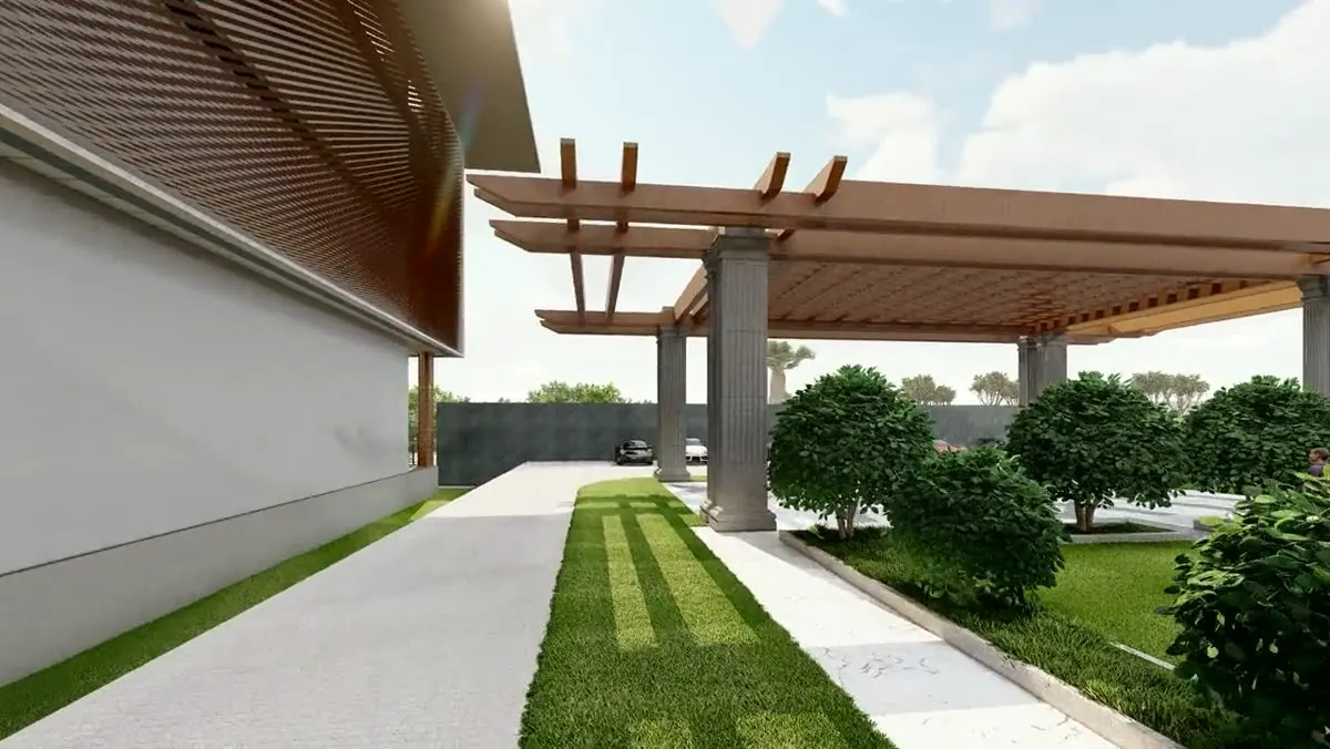 Pergola-shaded arrival